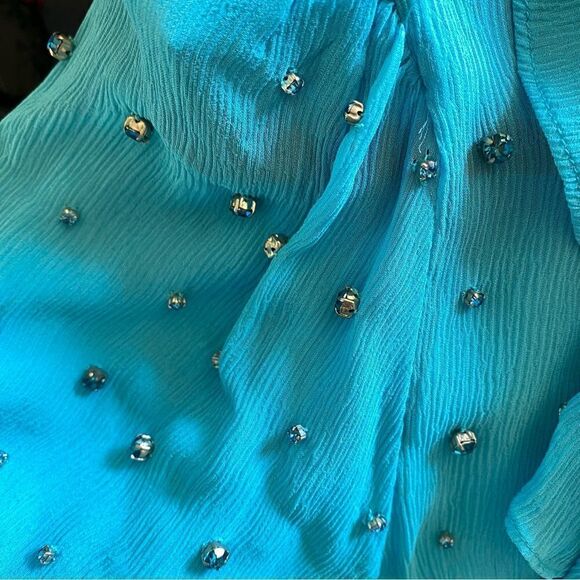 Retrofete Lennon Dress embellished smocked mini chiffon rhinestone acqua blue M - Picture 14 of 15